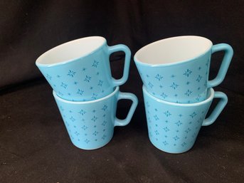 Vintage Pyrex Turquoise Aqua Blue Foulard #1410 10oz. Mugs Set Group- ~4 Pieces