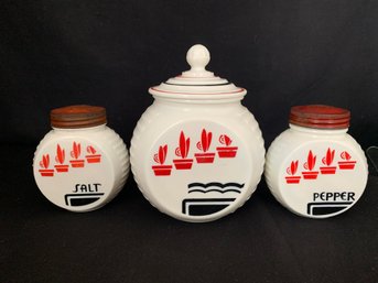 Vintage Fire King Vitrock 'Red Flowerpots' Grease Jar W/matching Salt & Pepper