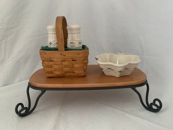 Longaberger Wrought Iron Oval Pedestal Stand W/ Salt & Pepper Basket And Clover Dish Group