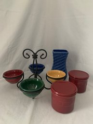 2001 Longaberger Wrought Iron Dessert Caddy, Desert Bowls, Vase, & 2 Candle Crocks