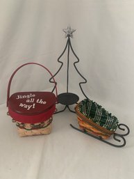 1999/2011 Longaberger Small Christmas Baskets & Wrought Iron Christmas Tree Votive Holder Group