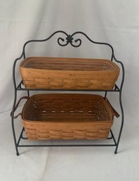 1993-2003 Longaberger Wrought Iron 2-Tier Baker's Rack & 2 Assorted Baskets