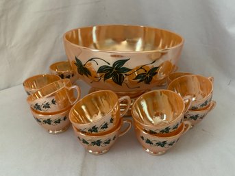 NIOB Anchor Hocking Peach Lustre W/green Ivy 14-pc. Punch Set