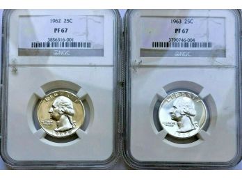 Lot Of 2 Washington Quarters Dated 1962 And 1963 Both NGC PR-67.