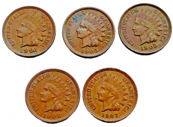 Lot Of 5 Indian Head Cents Near BU