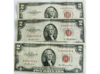 Lot Of 3 $2 Red Seal United States Notes Dated 1953,1953-A,1953-B Mid Grade