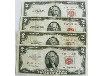 Lot Of 4 $2 Red Seal United States Notes Dated 1953,1953-A,1953-B,1953-C Mid Grade