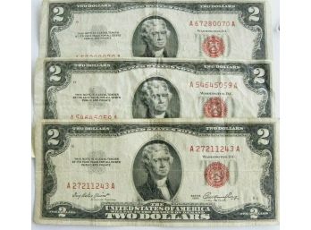 Lot Of 3 $2 Red Seal United States Notes Dated 1953,1953-A,1953-B Mid Grade