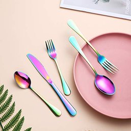 Flatware Silverware Set 20-Piece Stainless Steel Cutlery. Mirror Finish, Dishwasher Safe (Rainbow)