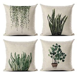 Set Of 4 Green Plant Throw Pillow Covers, Decorative Cotton Outdoor Home Pillow Covers 18x18