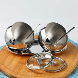 2 Stainless Steel Sugar Bowl With Lid Spoon And Tray, Polished Shiny Condiment Pots