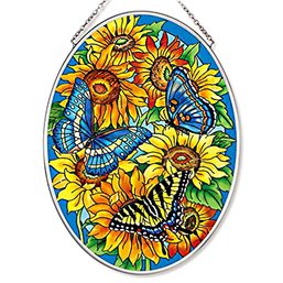 Lorraine Ryan Hand-crafted Glass 'Amia Butterfly And Sunflower Medium Oval Glass Suncatcher '