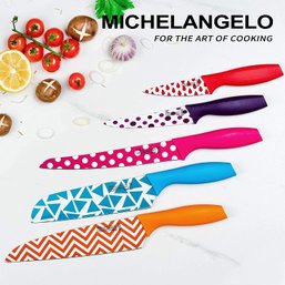 MICHELANGELO Kitchen Knife Set, 10 Piece With Nonstick Colored Coating 5 Patterned Knives & 5 Sheath Covers