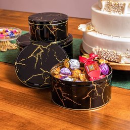 Set Of 3 Marbled Round Nesting Tins With Lids In 3 Sizes (Black And Gold)