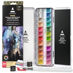 Metallic Watercolor Paints, Set Of 24 Half Pans Includes Storage Tin & Water Brush