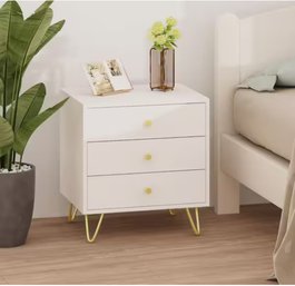 3-Drawer White Nightstands With Metal Legs