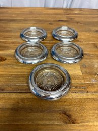 Set Of 5 Vintage Metal And Glass Coasters