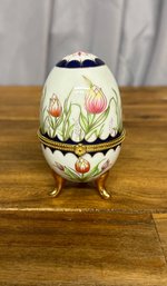 Hand Painted Porcelain Footed Egg Trinket / Jewelry Box