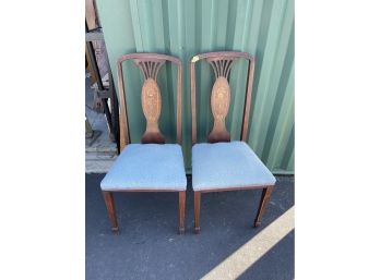 Pair Of Vintage Wood Inlay Dining Chairs