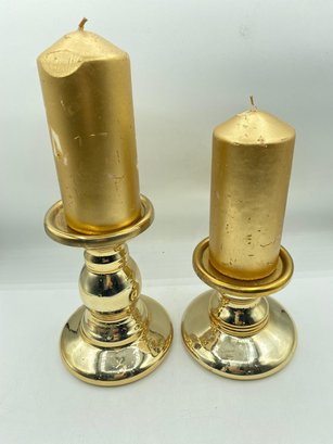 2 Pc Gold Brass Candle Holder With 2 Candles