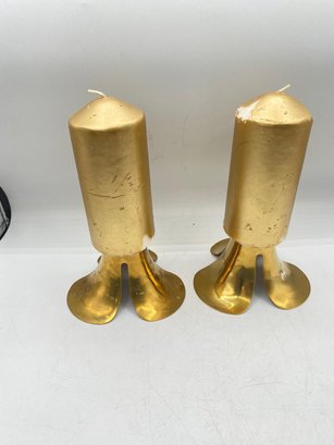 2 Pc Gold Brass Candle Holder With 2 Candles 2.5 Wide