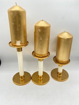 3  Pc Gold Brass Candle Holder With 3 Candles 2.5 Wide