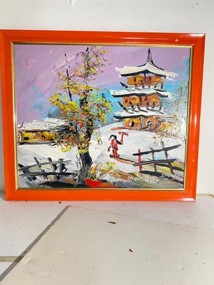 Oil Painting On Canvas Board Snowy Pagoda By Morris Kats  Frame And Signed