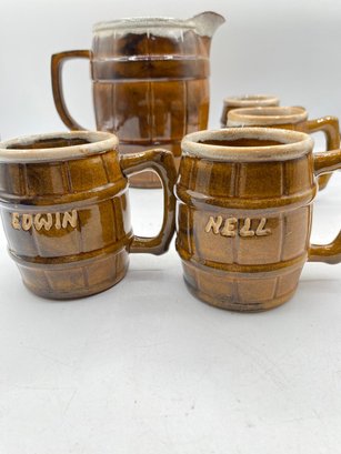 Vintage Pottery Set Of 5 Pitcher Barrel And  Barrel  Mugs