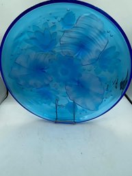 Antique Chinese Peking High Relief Large Blue Glass Plate