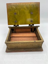 Antique Metal Table Wood Box With Green  Onyx