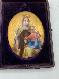 Antique Porcelain Plaque ''mother & Child'' In Original Fitted  Box