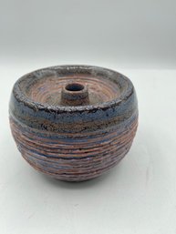 Antique Small Ceramic  Vase Brown And Blue Signed