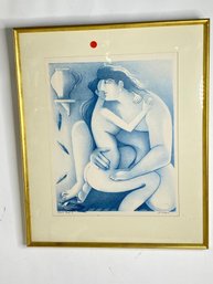 Art Lithograph Kiss And Love On Paper Signed John Bologna  And Framed Under Glass