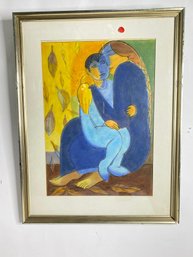 Art Painting On Paper Mother & Holding A Child  Signed Bologna  Framed Under Glass