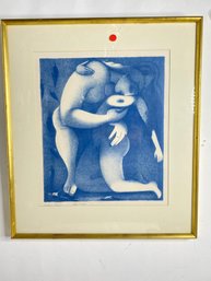 Art Lithograph On Paper Nude Couple   Signed John Bologna Gold Wood  Framed Under Glass