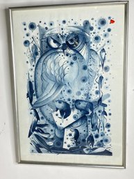 Art Lithograph There Is Blue And White Owl Signed John Bologna 79    Framed Under Glass
