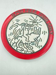 Attributed Keith Haring Ceramic Round Plate Red And White Plate Has Stamp On The Bottom