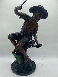 Goldscheider Bronze Sculpture Fishing Boy With Marble Bass Signed And Number