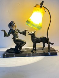 Bronze Table Lamp With Glass Shade Dancer & A Dog  Marble Base