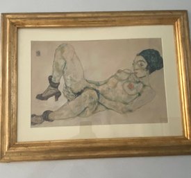 Egon Schiele Art Attributed Water Color Nude Female  Lying Down  Signed Very Rare