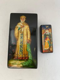 Group Of 2 Russian Lacquer Box Hand Painted Miniature  Princess Frog Women