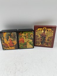 Group Of 3 1 Wooden Icon And 2 Black Plastics Painted Box