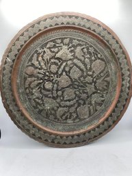 Large Engraved Tinned Copper Round Wall Art  Tray - Mid 20th Century