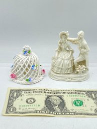Lot Of 2 Dresden Figurine Depicting 1800's Couple & Staffordshire Porcelain  Floral Basket Bell