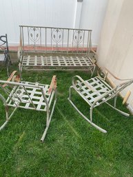 Vintage Metal Garden Bench And 2 Rocking Chair Leaf Pattern