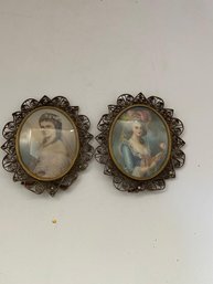 NICE PAIR  HAND PAINTED MINIATURE PORTRAIT SOLID BRONZE FRAME W/ PEARLS