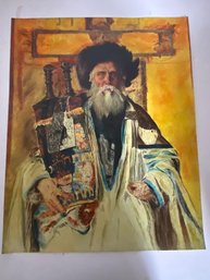 Large Oil Painting On  Paper Jewish Rabbi Judaica