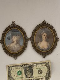 NICE PAIR HAND PAINTED MINIATURE PORTRAIT SOLID BRONZE FRAME W/ PEARLS