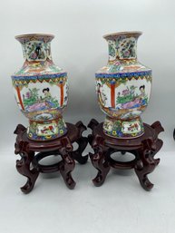 Pair Chinese Family Rose Porcelain Vases With Base U S S R 1937