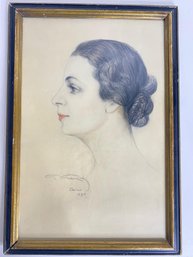 Portrait Of A Women Color Pencil Sketch Drawing On Wood Signed And Dated 1935  Framed